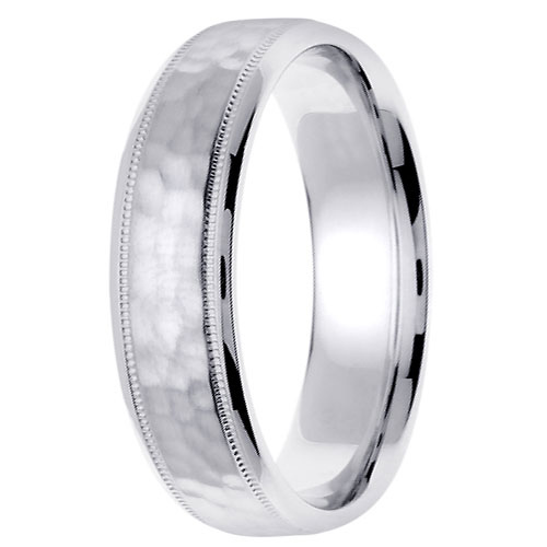 14K White Gold 6mm Milgrain Hammered Wedding Band Slide 2