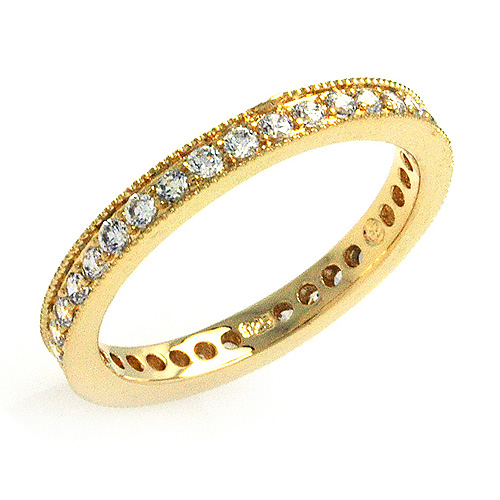 2mm Milgrain Pave Round-Cut CZ Eternity Ring in Sterling Silver Gold Overlay Slide 0