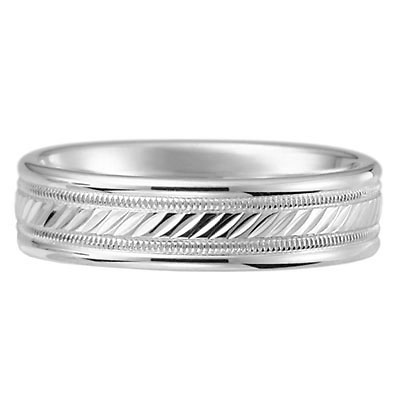 6mm 14k White Gold Striped Milgrain Wedding Band Slide 0