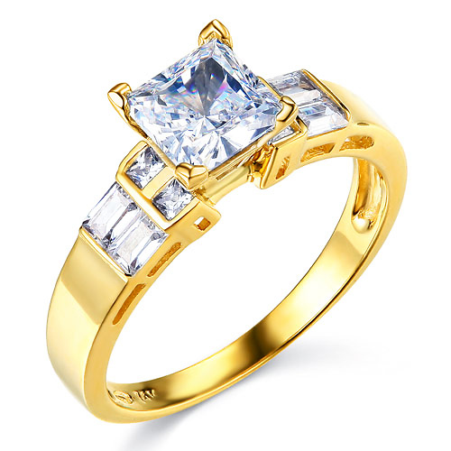 Wide 1-CT Princess-Cut & Baguette CZ Engagement Ring in 14K Yellow Gold Slide 0