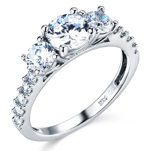 Tulip-Set Three-Stone Round-Cut CZ Wedding Ring Set in 14K White Gold Slide 1