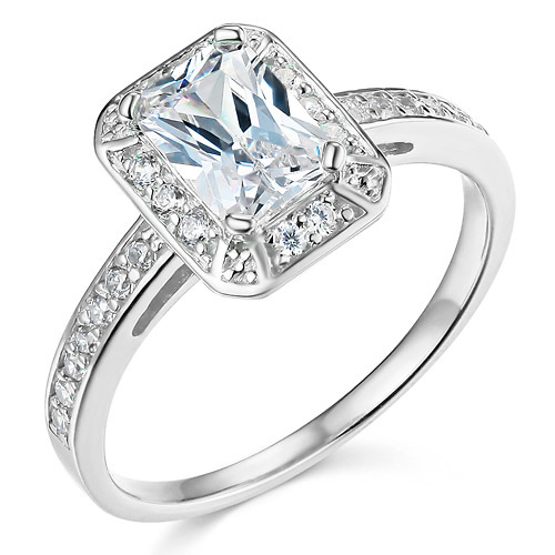 Halo 1-CT Radiant-Cut CZ Engagement Ring with Side Pave in 14K White Gold Slide 0