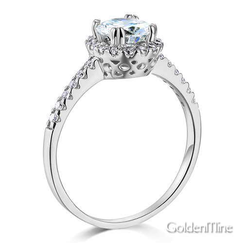 Halo Round-Cut CZ Engagement Ring with Side Stones in 14K White Gold Slide 1