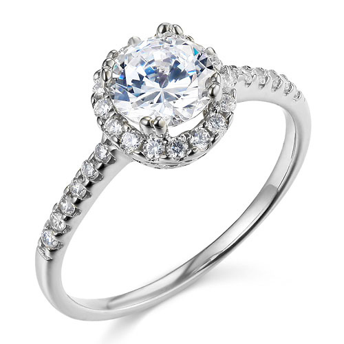 Halo Round-Cut CZ Engagement Ring with Side Stones in 14K White Gold Slide 0