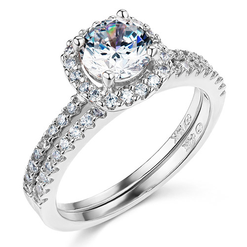 Square Halo 1.25CT Round-Cut CZ Wedding Ring Set in 14K White Gold Slide 0