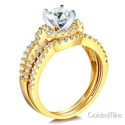Halo Split Shank 1.25CT Round CZ Engagement Ring Set in 14K Yellow Gold Slide 1