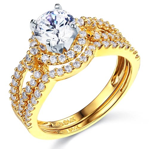 Halo Split Shank 1.25CT Round CZ Engagement Ring Set in 14K Yellow Gold Slide 0