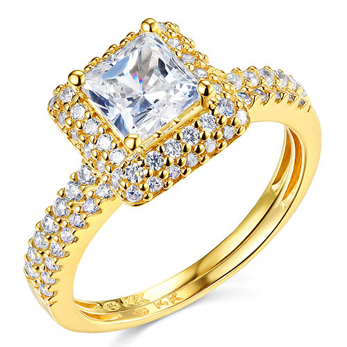 Halo 1.25 CT Princess-Cut & Round Side CZ Wedding Ring Set in 14K Yellow Gold Slide 0