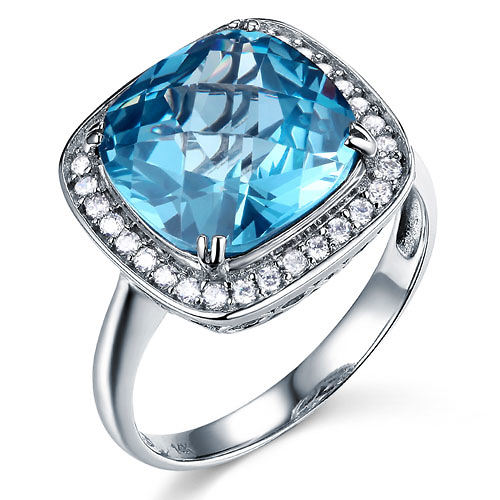 4.9-CT Aqua Blue Cushion-Cut Halo CZ Engagement Ring in 14K White Gold Slide 0