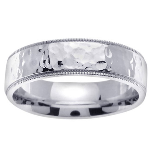 7mm Hammered-Finish Milgrain Men's Wedding Band in 14K White Gold Slide 0