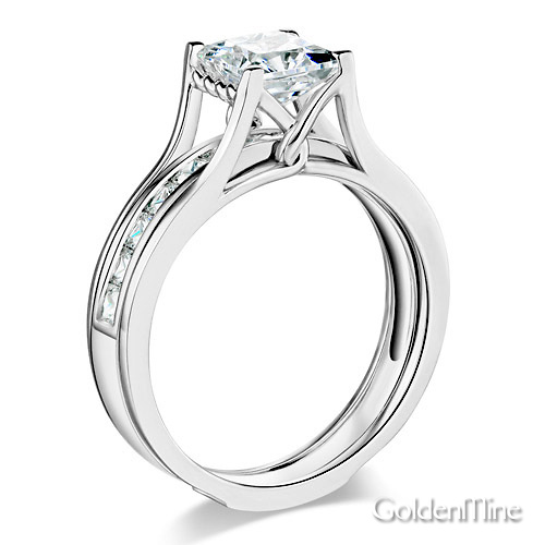 Split Shank 1-CT Princess-Cut Solitaire CZ Wedding Ring Set in Sterling Silver (Rhodium) Slide 1