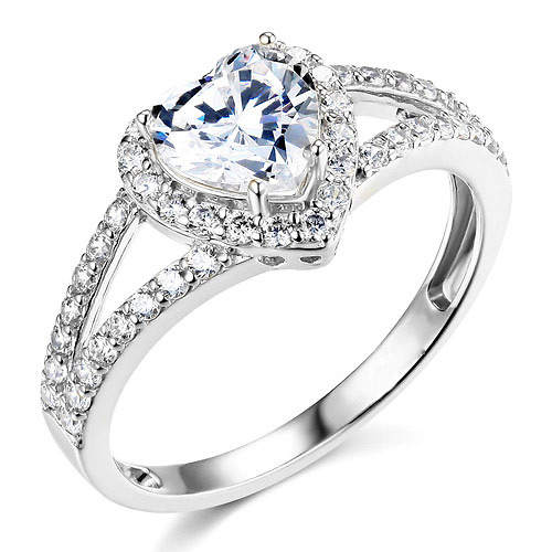 Split Shank Heart-Cut Halo CZ Engagement Ring in Sterling Silver (Rhodium) Slide 0