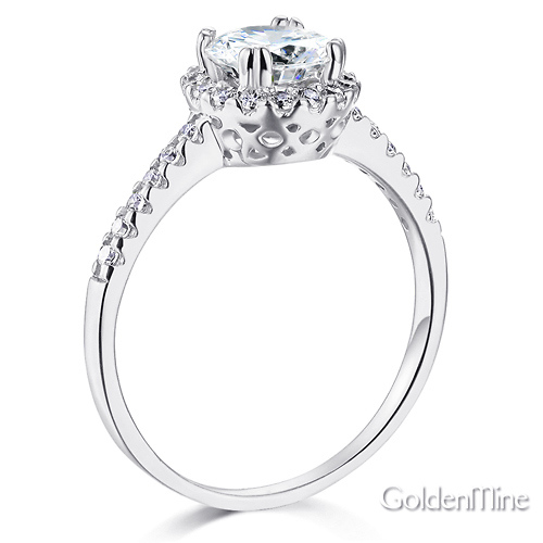 Halo 1-CT Round-Cut CZ Engagement Ring & Side Stones in Sterling Silver (Rhodium) Slide 1