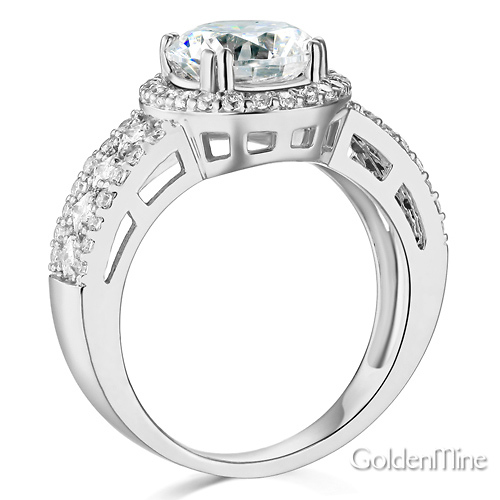 Art Deco Halo 1-CT Round-Cut CZ Engagement Ring in Sterling Silver (Rhodium) Slide 2
