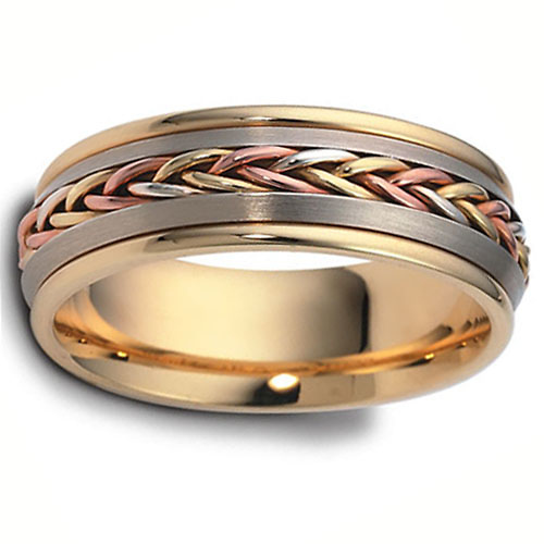 Dora Rings - 7.5mm Raised Thin Braid Inlay Woven Wedding Band in 18K TriGold Slide 0