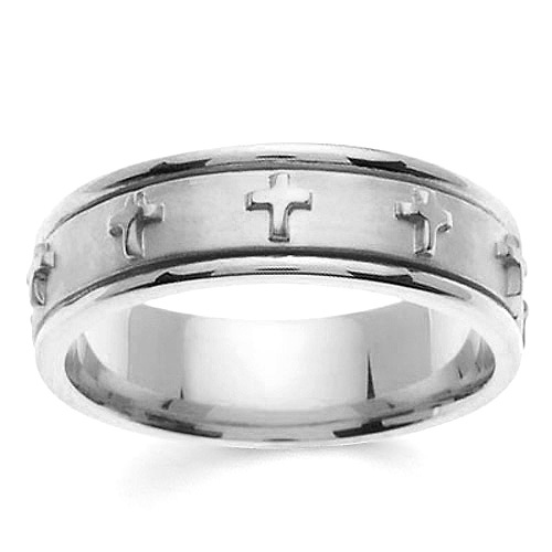7mm Cross 14K White Gold Christian Wedding Band Slide 0