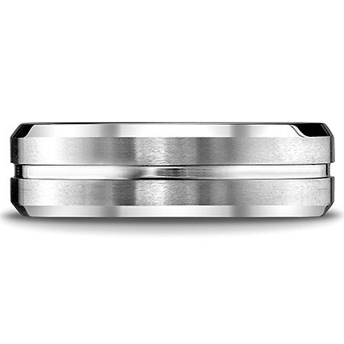 8mm Dual-Finish Ridged Beveled Designer Wedding Band in Solid 18K White Gold Slide 1